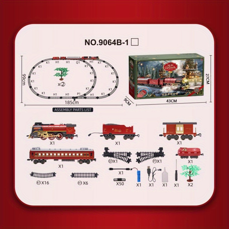 The 9064B-1 steam-powered remote-control Christmas train set comes with a remote control, lights, sound effects, and exquisite tracks. It is suitable for children aged 3 to 8 and above. - Image 4