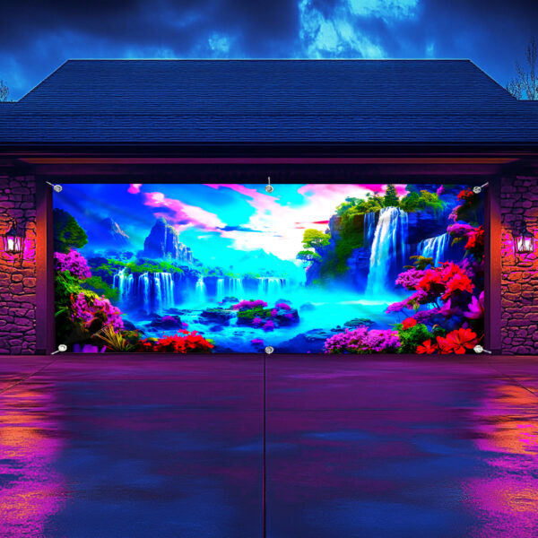 [1pc UV Floral Banner] 1pc Large UV-Activated Floral Waterfall Garage Door Banner | Fluorescent Fabric Wall Decor with Vibrant Nature & Landscape Design | No Power Needed for Parties, Photography Studios, Outdoor Events, Parties Decorations, Party Decoration, Outdoor Festive Decor, Uv Light Display - Image 5