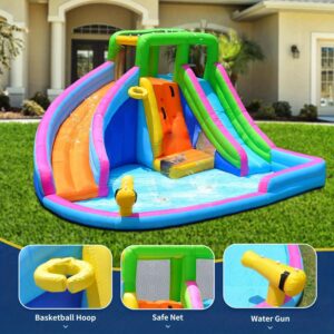 Large Inflatable Water Slide, 8in 1 Water Slides Inflatables for Summer Outdoor, 2 Large Water Slide with Air Blower, Splash and Deep Pool, Climbing Wall, Bounce House, Basketball Hoop (Dual Slide)