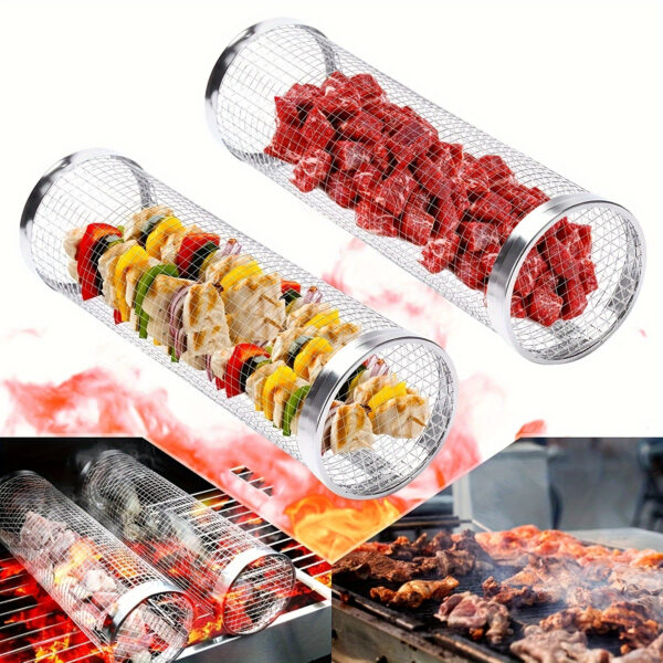 A Portable Cylindrical Stainless Steel Grill for Outdoor Camping, Featuring a Rotating And Rolling Barbecue Basket, a Barbecue Stand, And a Circular Stove Suitable for Camping And Picnics, Ideal for Outdoor Cooking - Image 6