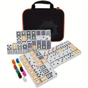 Kalolary Double 12 Mexican Train Dominoes, 91 Tiles Dot Dominoes Games in a Nylon Box with 9 Trains Instruction Booklet Score Pads and Octagon Shape Hub Family Party Table Games