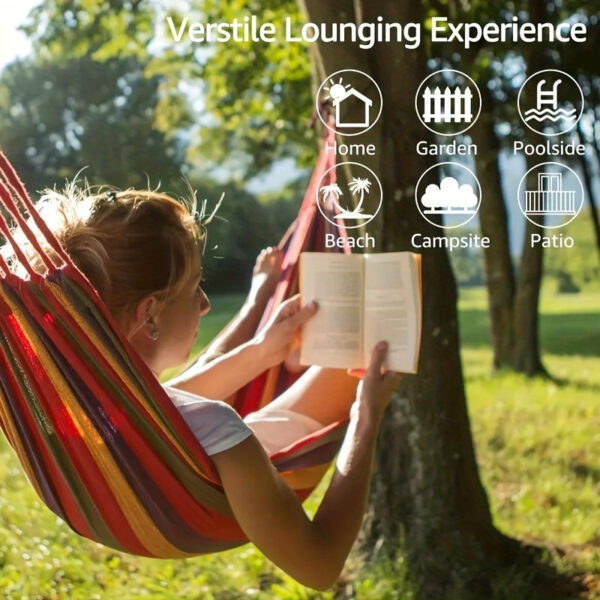 [1-Pack Heavy-Duty Hammock] 1-Pack Heavy-Duty 330lb Capacity Colorful Cloth Hammock | Durable Polyester, Tree-Friendly Straps, Portable Storage Bag, Anti-Flip, Weatherresistant, Reinforced Stitching | Outdoor, Camping, Indoor Relaxation, Camping Essential, Vibrant Design, Backyard Lounging, Stylish Lounging, Outdoor Enthusiasts - Image 8
