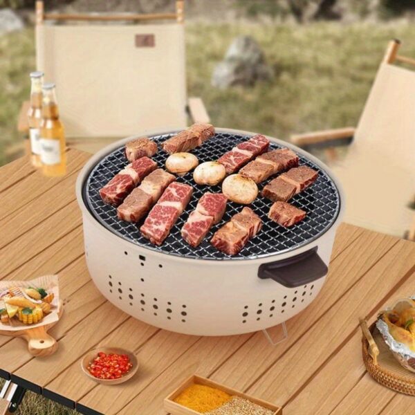[Everyday Comfort] Portable Round Charcoal BBQ Grill – Compact, Multifunctional Outdoor Cooking Stove with Detachable Stainless Steel Grates, Perfect for Camping, Picnics, and Backyard Barbecues, White Cast Iron Design - Image 6
