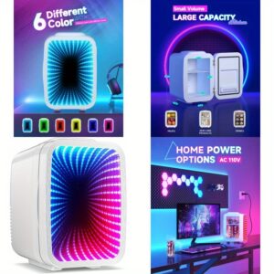 Mini Fridge 4 Liter 6 Cans Small Refrigerator with Dimmable LED Light AC DC Portable Thermoelectric Cooler and Warmer Gaming Mini Fridge for Bedroom Office Gaming Room and Car White