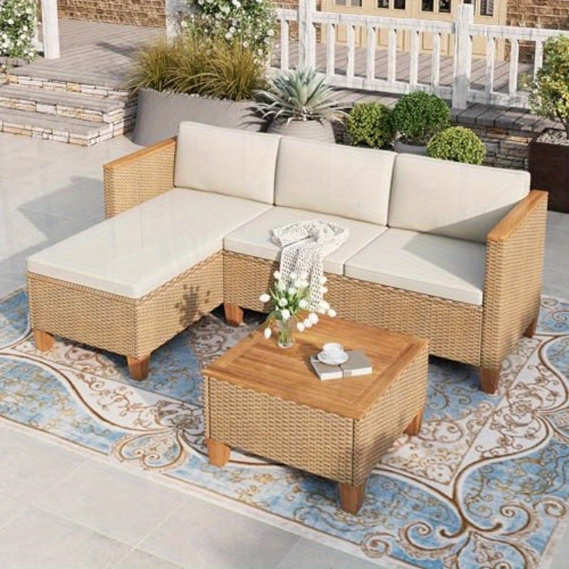 3pcs All-Weather Wicker Patio Furniture Set - Yellow Rattan Sectional with Lounge Sofa, Coffee Table & Side Tables for Outdoor Lawn, Garden, or Balcony, Outdoor Patio Furniture, Garden Seating, Modern Outdoor Decor, Durable Outdoor Furniture - Image 3