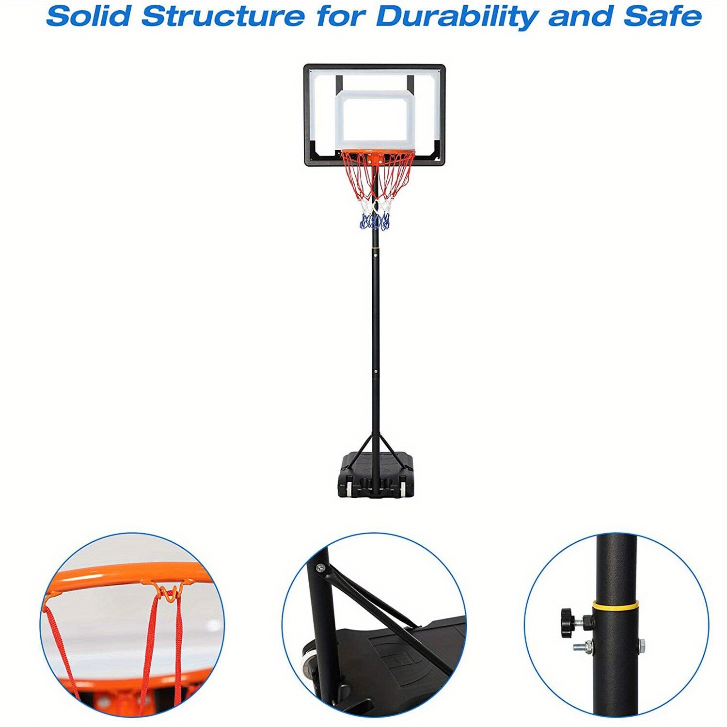 LUCKYERMORE Adjustable Portable Basketball Hoop for Family - 5ft-6.8ft Height, 32in Backboard, Heavy-Duty Steel & PVC, Water/Sand Stable Base with Wheels, Indoor/Outdoor Use, Black, Indoor Sports Equipment, Weatherresistant Net, Durable Sports Equipment - Image 7