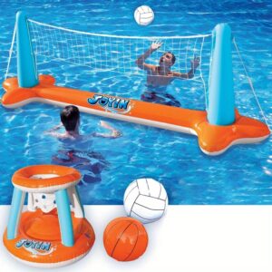 Inflatable Pool Float Set Volleyball Net & Basketball Hoops, Floating Swimming Game Toy, Summer Floaties, Volleyball Court, |Basketball, Orange