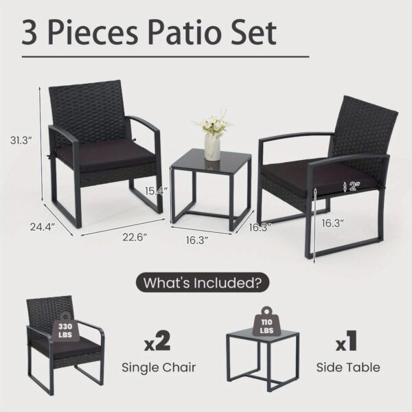 [Durable Rattan, Bezseller] 3pcs Bezseller Patio Furniture Set | Outdoor Rattan Bistro Set with Durable Steel Frame, Strapped Cushions for Garden, Balcony, Poolside, Backyard - Image 3