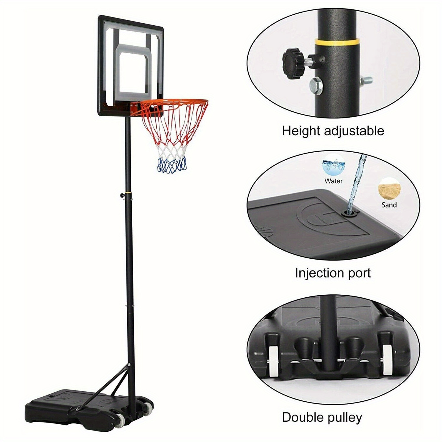 LUCKYERMORE Adjustable Portable Basketball Hoop for Family - 5ft-6.8ft Height, 32in Backboard, Heavy-Duty Steel & PVC, Water/Sand Stable Base with Wheels, Indoor/Outdoor Use, Black, Indoor Sports Equipment, Weatherresistant Net, Durable Sports Equipment - Image 6