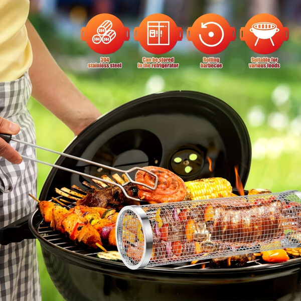 A Portable Cylindrical Stainless Steel Grill for Outdoor Camping, Featuring a Rotating And Rolling Barbecue Basket, a Barbecue Stand, And a Circular Stove Suitable for Camping And Picnics, Ideal for Outdoor Cooking - Image 10