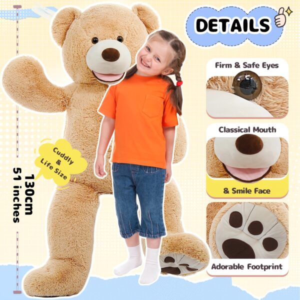 MorisMos Giant Teddy Bear 51.18inch, XXL Kawaii Large Plush Stuffed Bear Animal Soft Cuddly Toy Big, Cute Birthday Presents For Kids Girls Boys Women Party Decorations (Light Brown) - Image 2