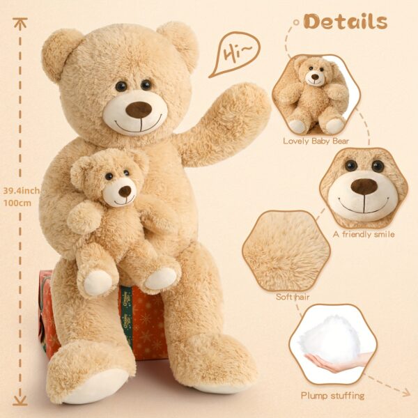 Giant Teddy Bear Mommy And Baby Bear Soft Plush Bear Stuffed Animal For Teddy Bear Baby Shower, Tan, 39 Inches - Image 2