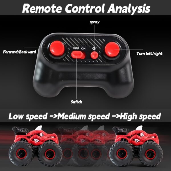 RC Dinosaur Monster Truck - Electronic Pets with Rotating Stunt Action, Lights, Water Spray - Perfect Birthday, Christmas, And Halloween Gift for Kids Age 6+ - Image 4